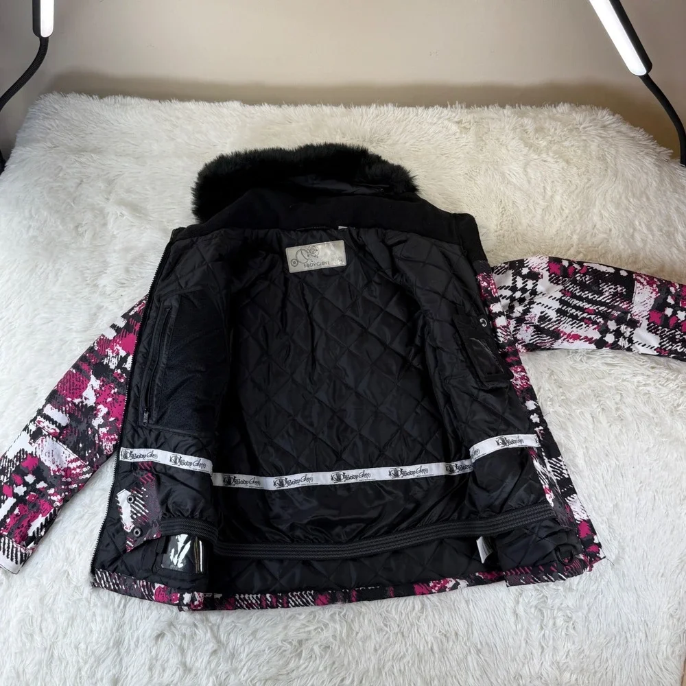 Vintage Body Glove Girls 14 Ski Coat Pink Black Faux Fur Hood Winter‎ Jacket